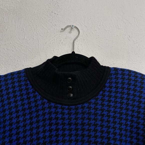 Morgan Taylor VTG 80s Houndstooth Sweater 100% Wool Size M Blue Black Mockneck - Picture 2 of 12